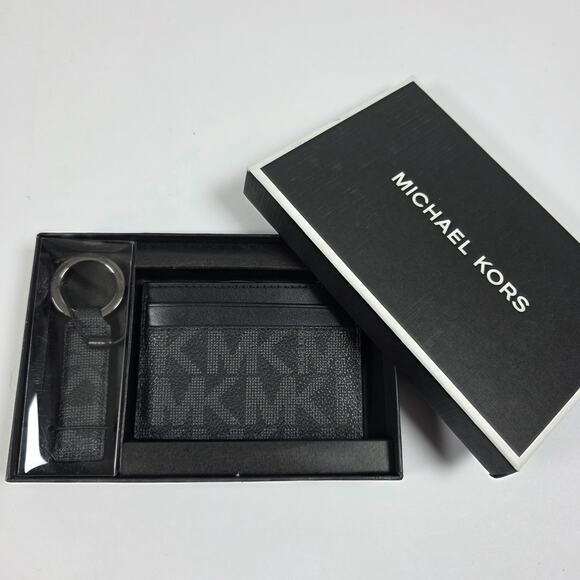 NWT Michael Kors Black Noir Monogram Card Case & Key Ring Set Gift Set